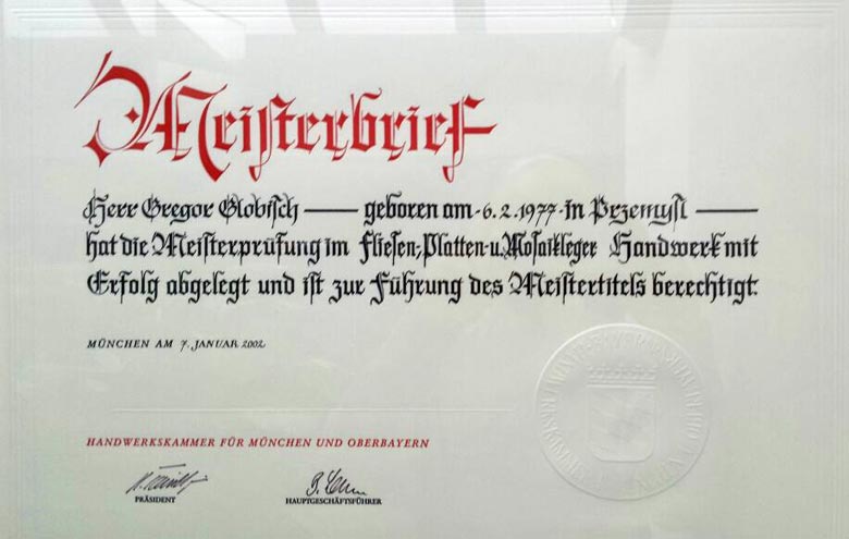 Meisterbrief von Gregor Globisch, Fliesenlegermeister in Augsburg